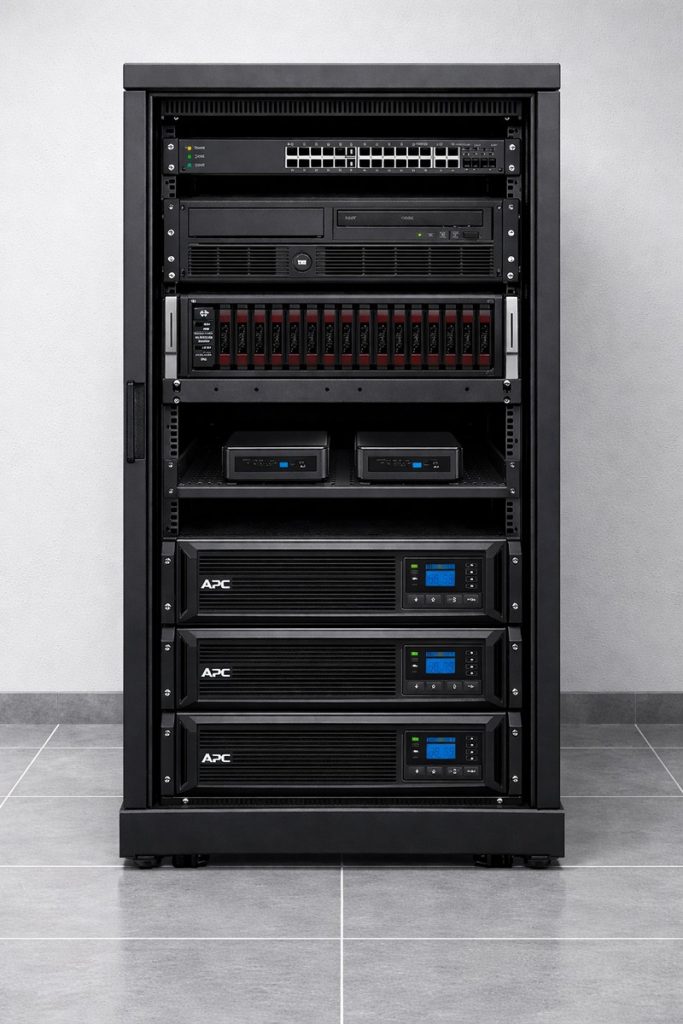 Rack 19" de taille moyenne avec onduleur UPS, serveur, Switch etc