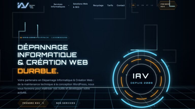 Démo Grid d'un site web conçu avec l'intelligence artificielle : titre lumineux, grille en perspective et disque d'identité animé sur fond sombre