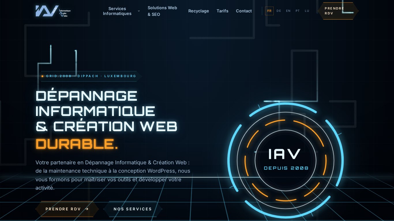 Démo Grid d'un site web conçu avec l'intelligence artificielle : titre lumineux, grille en perspective et disque d'identité animé sur fond sombre